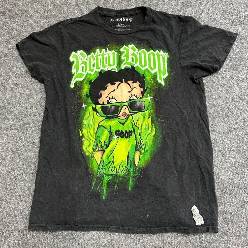 Betty Boop T-Shirt Womens Size S Black Neon Green Flame Graphic Short Sleeve Tee